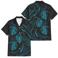 Hawaiian Mango Tribal Tattoo Family Matching Puletasi and Hawaiian Shirt Teal Pacific Traditional Pattern