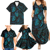 Hawaiian Mango Tribal Tattoo Family Matching Summer Maxi Dress and Hawaiian Shirt Teal Pacific Traditional Pattern
