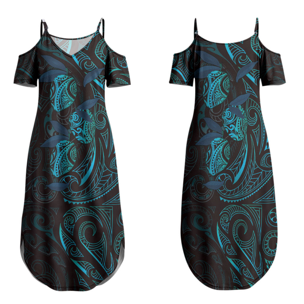 Hawaiian Mango Tribal Tattoo Family Matching Summer Maxi Dress and Hawaiian Shirt Teal Pacific Traditional Pattern