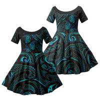 Hawaiian Mango Tribal Tattoo Family Matching Summer Maxi Dress and Hawaiian Shirt Teal Pacific Traditional Pattern