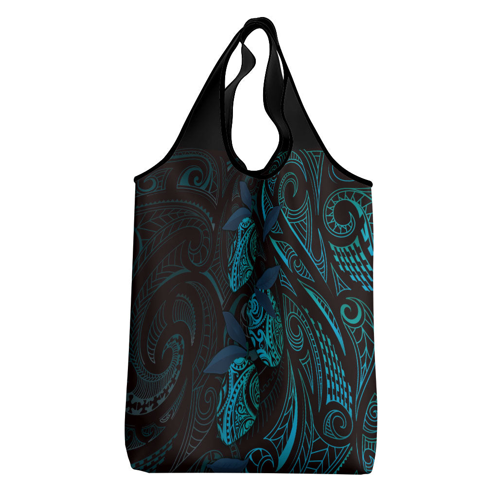 Hawaiian Mango Tribal Tattoo Grocery Bag Teal Pacific Traditional Pattern
