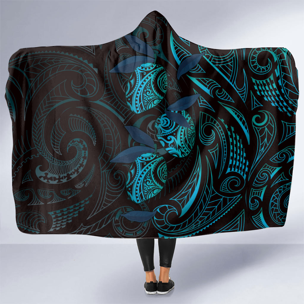 Hawaiian Mango Tribal Tattoo Hooded Blanket Teal Pacific Traditional Pattern