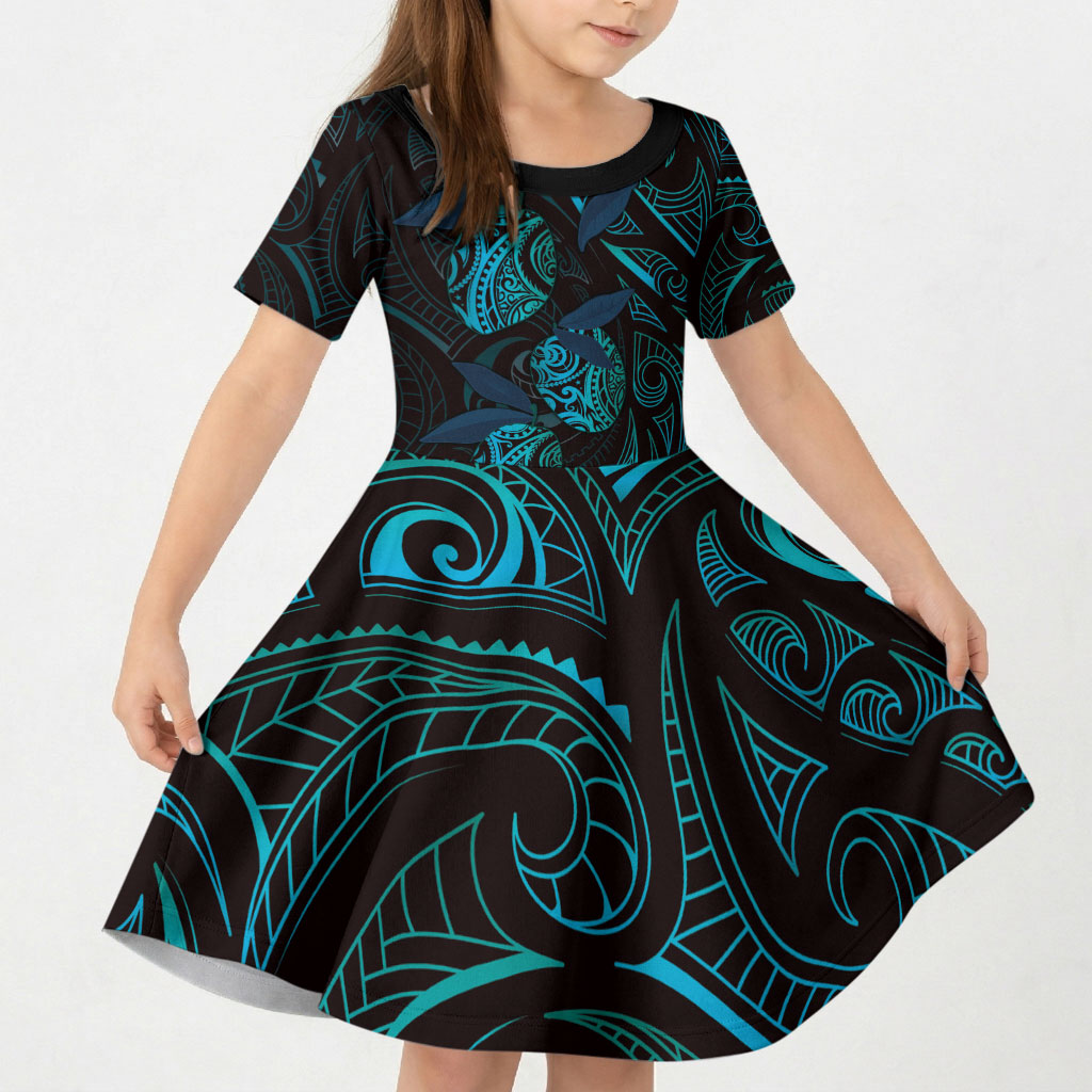 Hawaiian Mango Tribal Tattoo Kid Short Sleeve Dress Teal Pacific Traditional Pattern