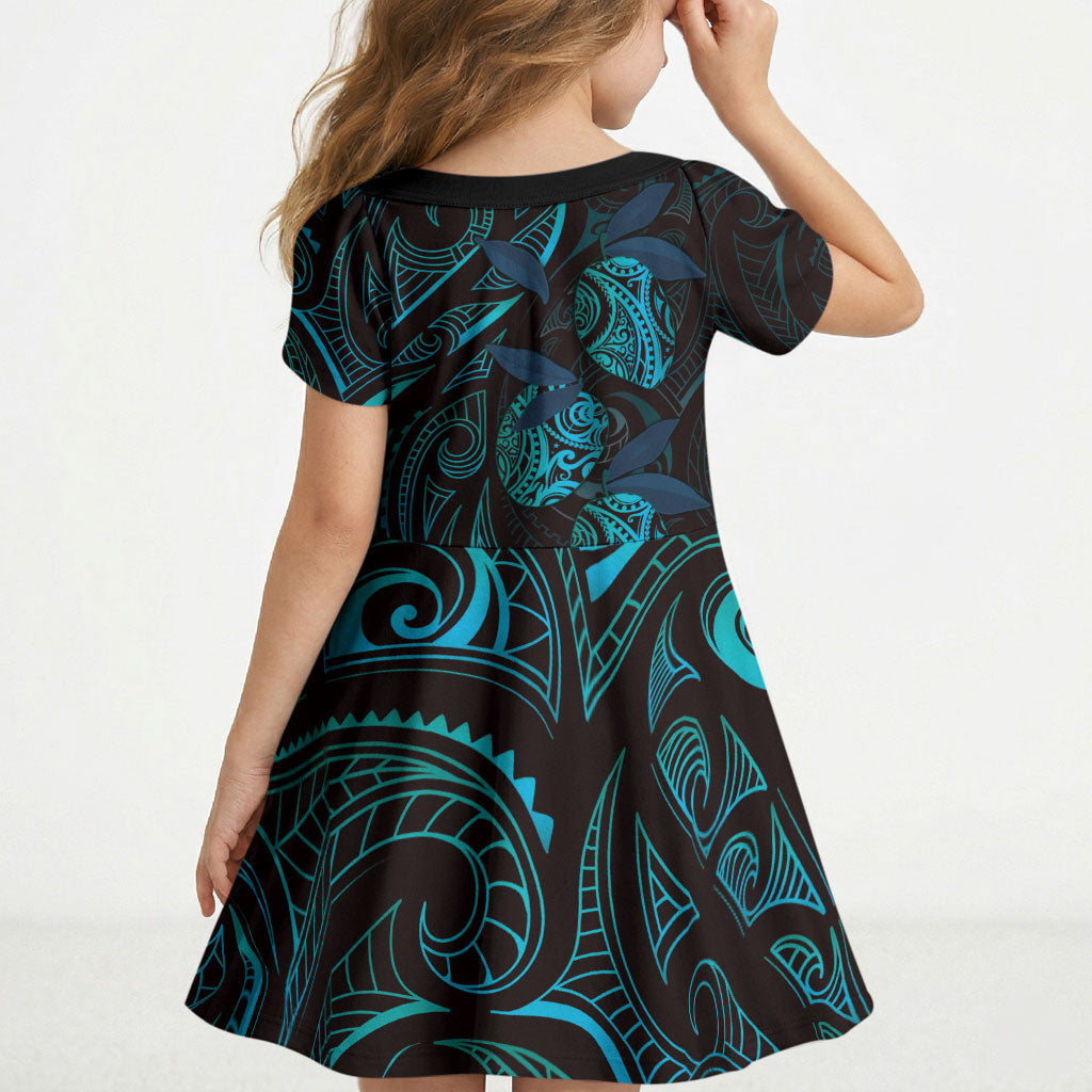 Hawaiian Mango Tribal Tattoo Kid Short Sleeve Dress Teal Pacific Traditional Pattern