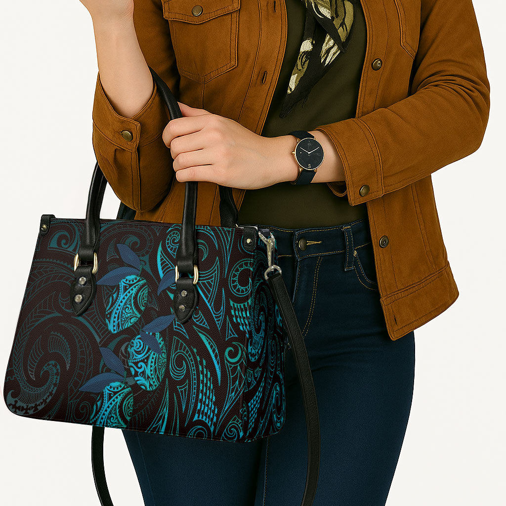 Hawaiian Mango Tribal Tattoo Leather Bag Teal Pacific Traditional Pattern