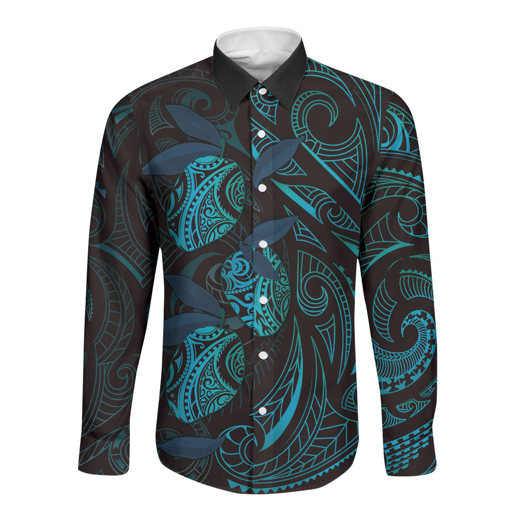 Hawaiian Mango Tribal Tattoo Long Sleeve Button Shirt Teal Pacific Traditional Pattern