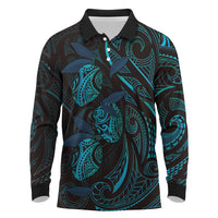 Hawaiian Mango Tribal Tattoo Long Sleeve Polo Shirt Teal Pacific Traditional Pattern