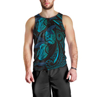 Hawaiian Mango Tribal Tattoo Men Tank Top Teal Pacific Traditional Pattern