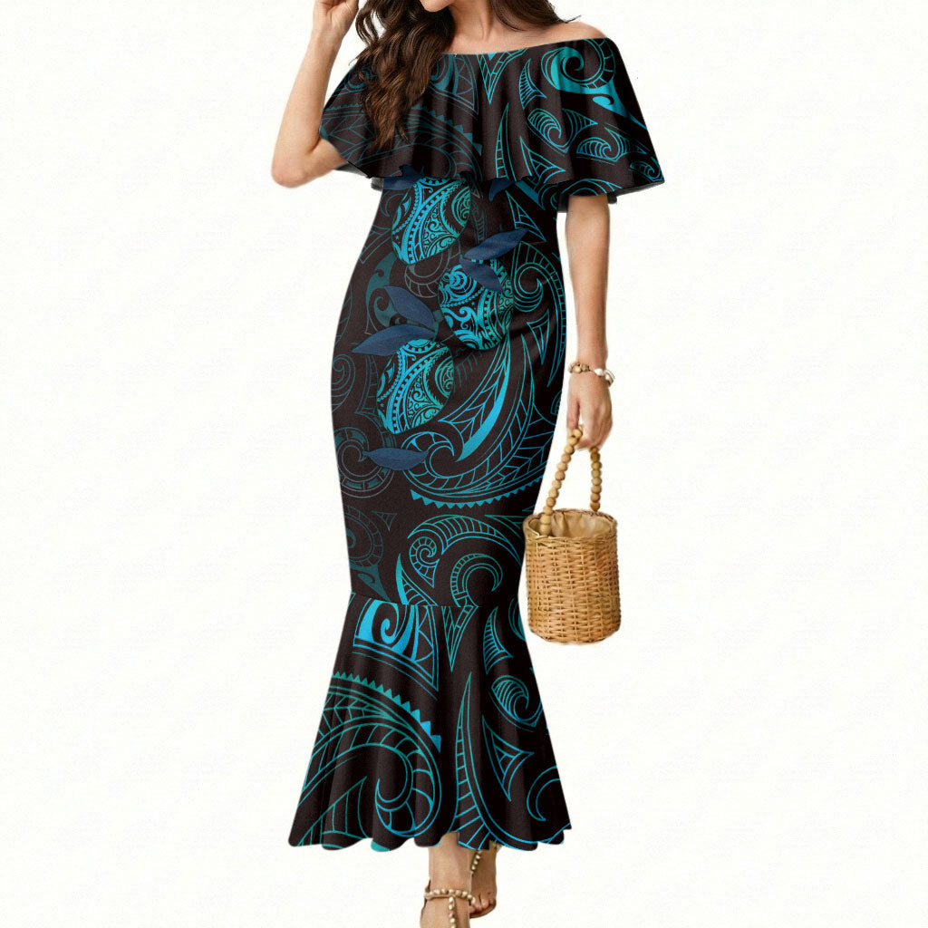 hawaiian mermaid dress Mango Tribal Tattoo Teal Pacific Traditional Pattern Vietnamese Enchanted Red Jersey Wrap Set Option:Dress/Flower Jewel Sash inspired Princess Kaiulani Fashions