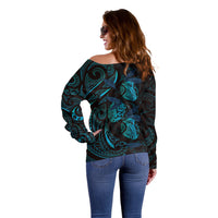Hawaiian Mango Tribal Tattoo Off Shoulder Sweater Teal Pacific Traditional Pattern