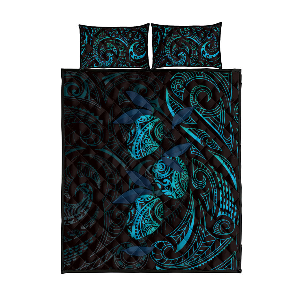 Hawaiian Mango Tribal Tattoo Quilt Bed Set Teal Pacific Traditional Pattern