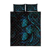 Hawaiian Mango Tribal Tattoo Quilt Bed Set Teal Pacific Traditional Pattern
