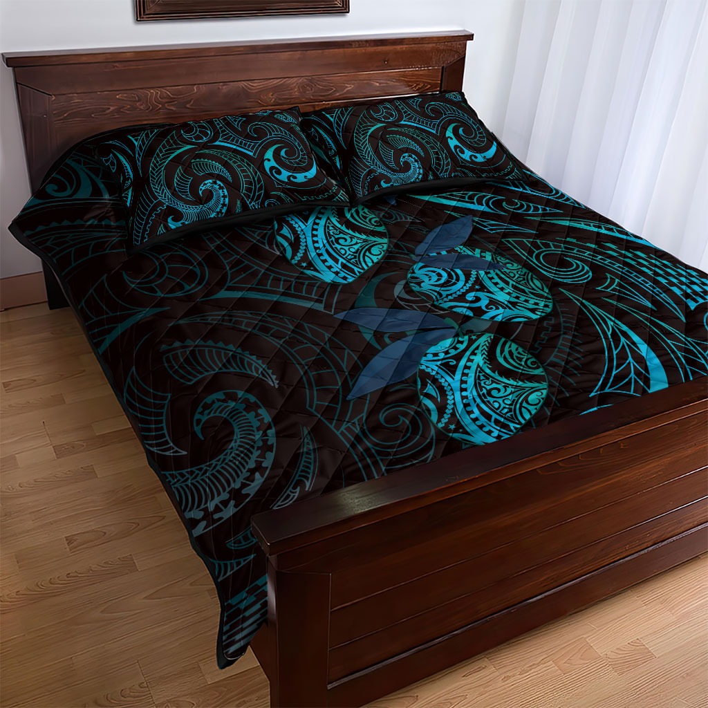 Hawaiian Mango Tribal Tattoo Quilt Bed Set Teal Pacific Traditional Pattern