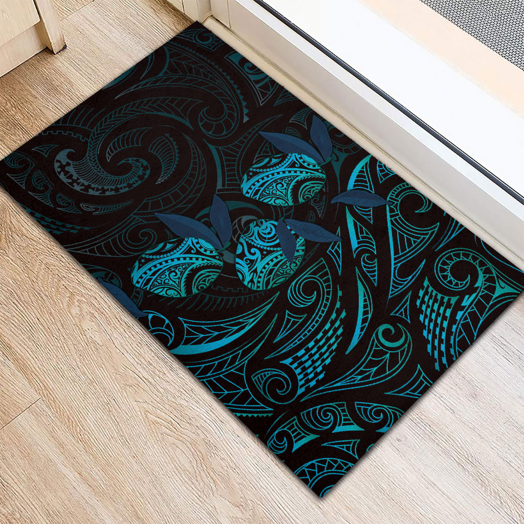 Hawaiian Mango Tribal Tattoo Rubber Doormat Teal Pacific Traditional Pattern