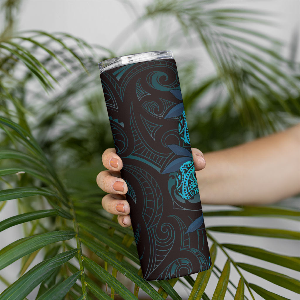 Hawaiian Mango Tribal Tattoo Skinny Tumbler Teal Pacific Traditional Pattern