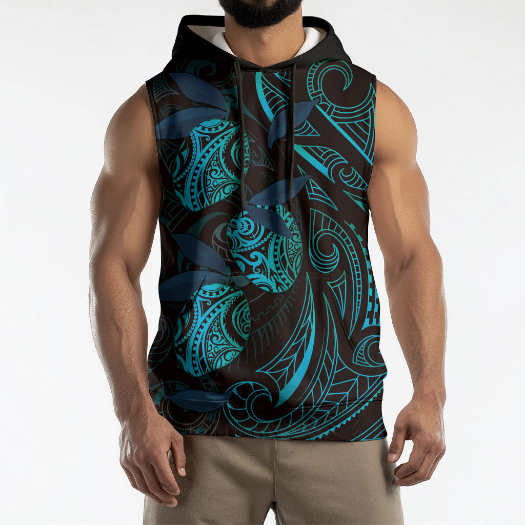 Hawaiian Mango Tribal Tattoo Sleeveless Hoodie Teal Pacific Traditional Pattern