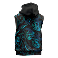 Hawaiian Mango Tribal Tattoo Sleeveless Zip Hoodie Teal Pacific Traditional Pattern