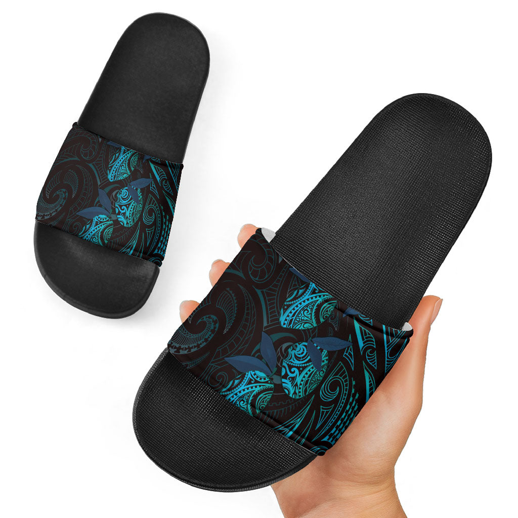 Hawaiian Mango Tribal Tattoo Slide Sandals Teal Pacific Traditional Pattern