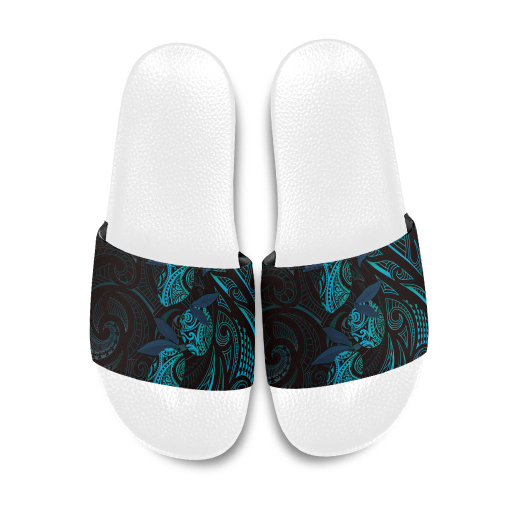 Hawaiian Mango Tribal Tattoo Slide Sandals Teal Pacific Traditional Pattern