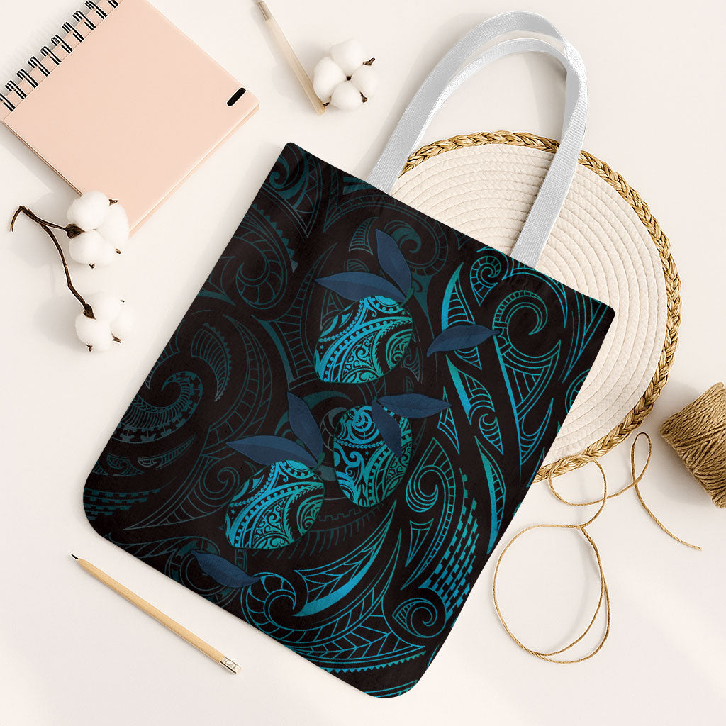 Hawaiian Mango Tribal Tattoo Tote Bag Teal Pacific Traditional Pattern