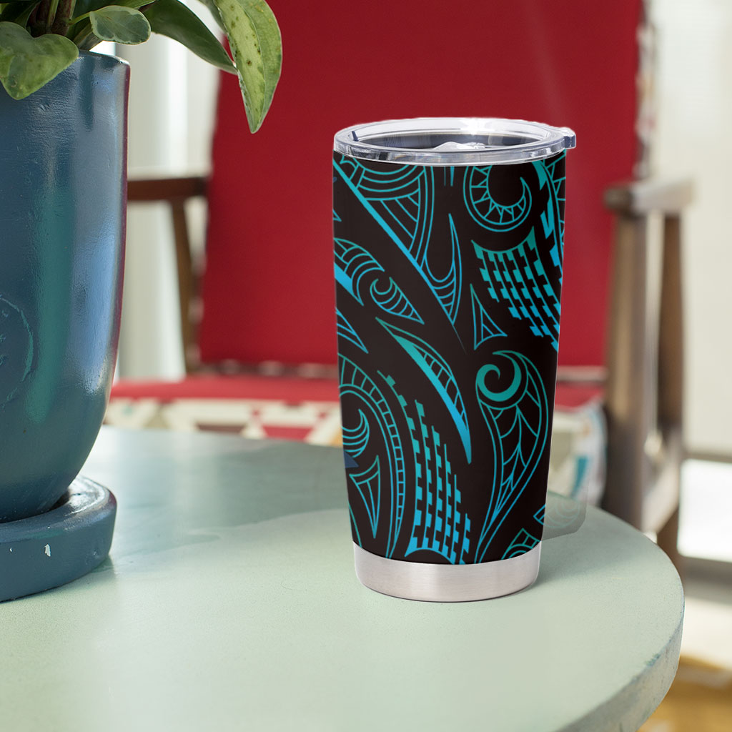Hawaiian Mango Tribal Tattoo Tumbler Cup Teal Pacific Traditional Pattern