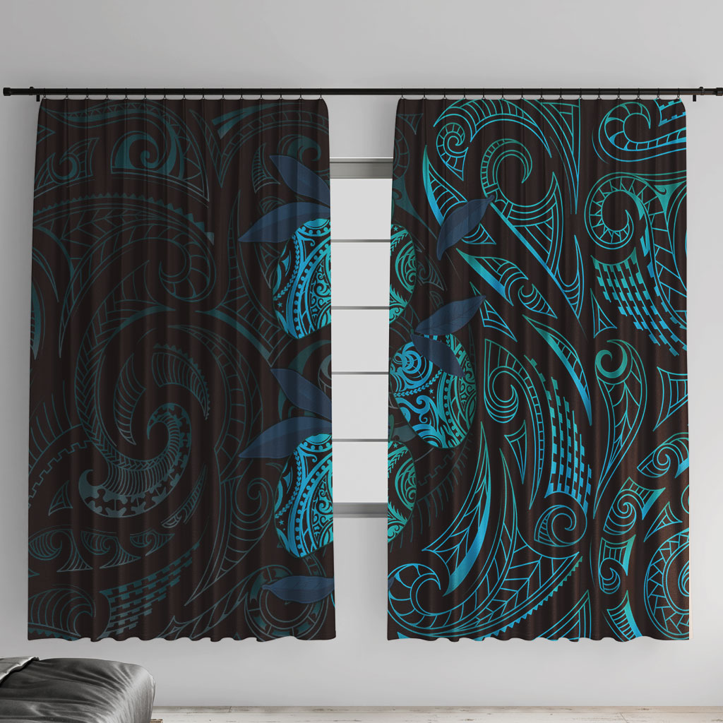 Hawaiian Mango Tribal Tattoo Window Curtain Teal Pacific Traditional Pattern