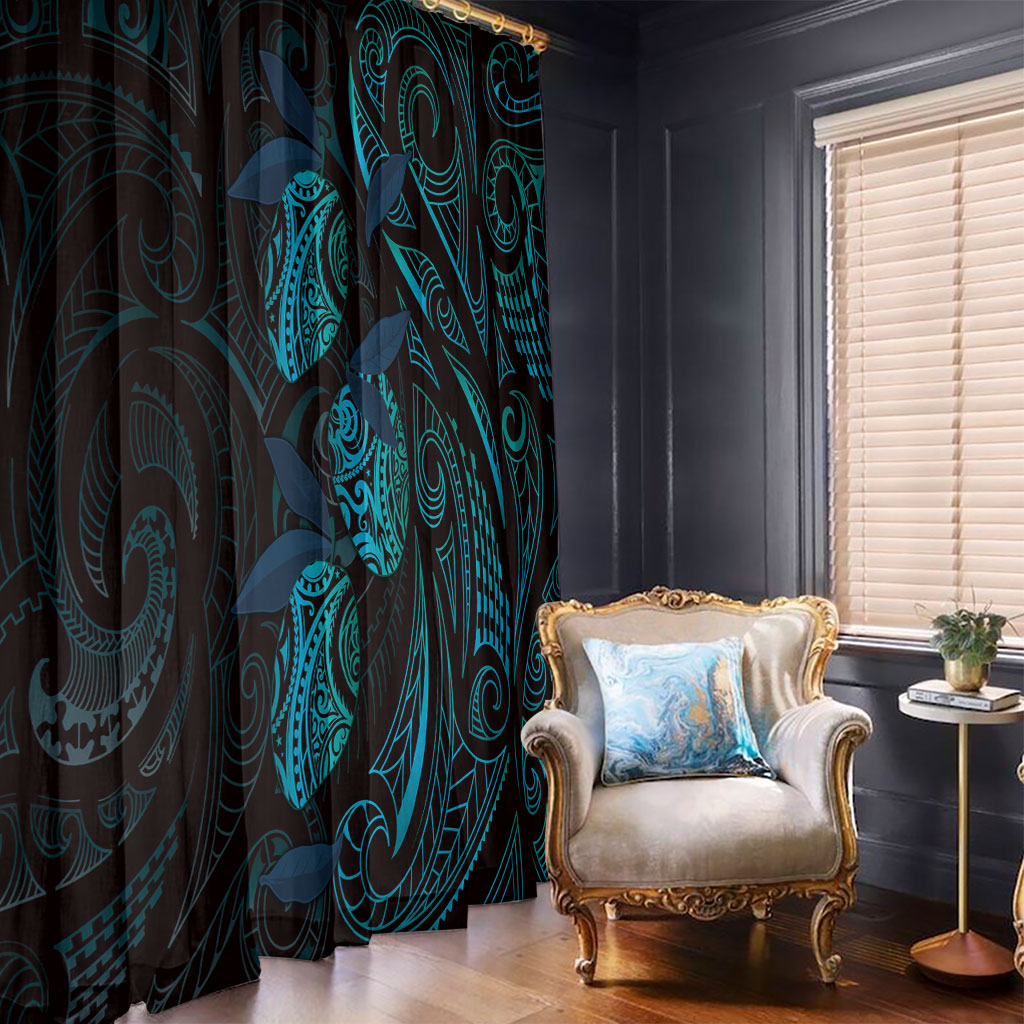 Hawaiian Mango Tribal Tattoo Window Curtain Teal Pacific Traditional Pattern