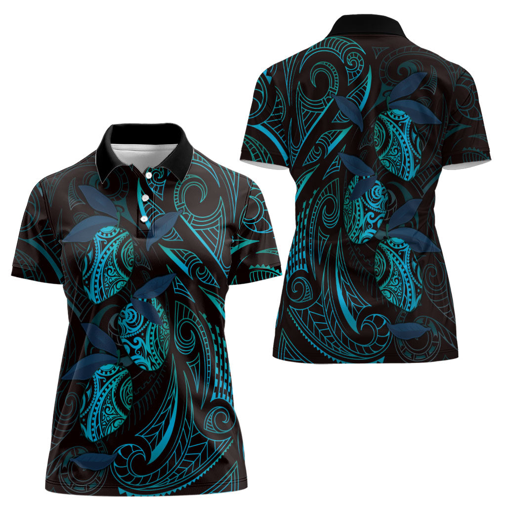 Hawaiian Mango Tribal Tattoo Women Polo Shirt Teal Pacific Traditional Pattern