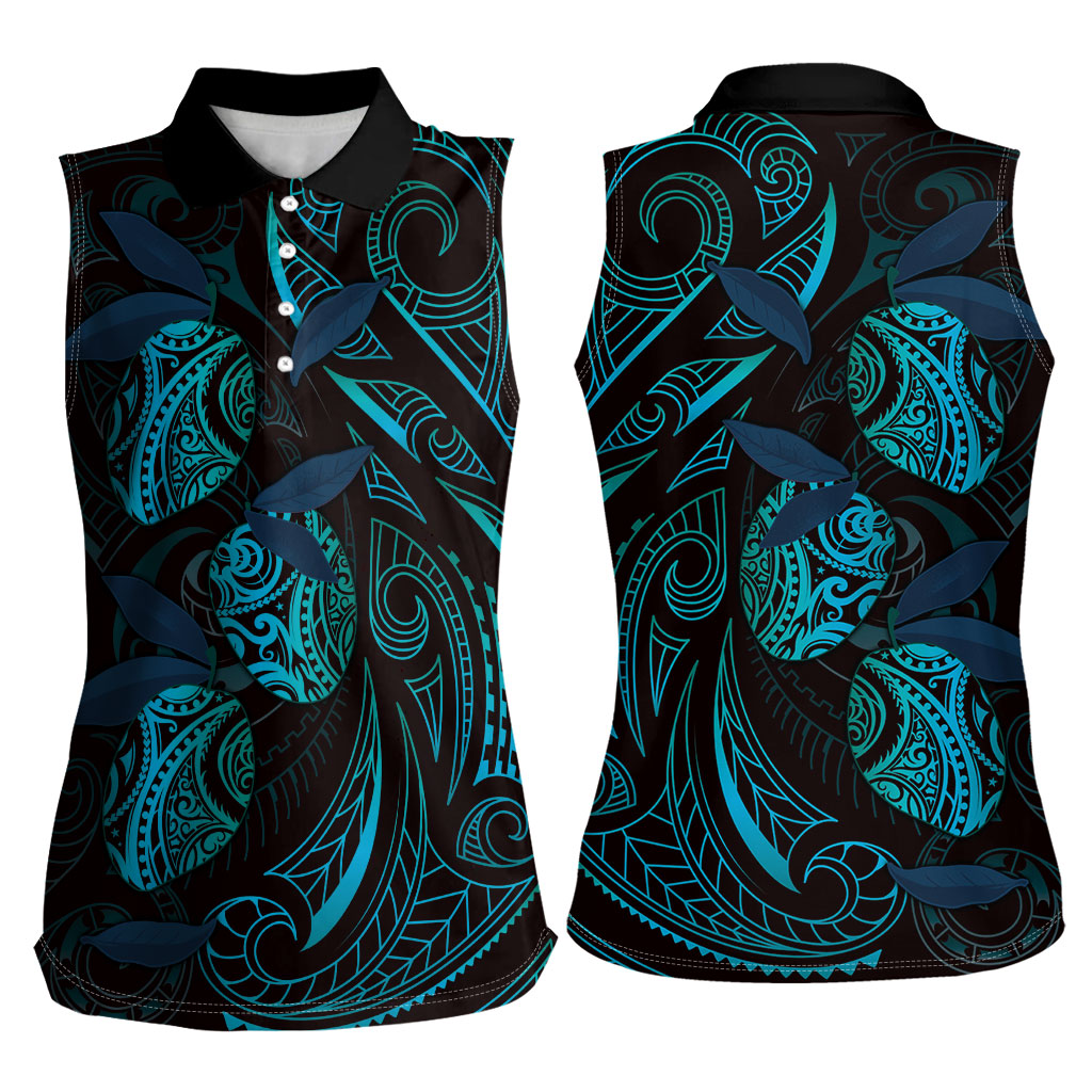 Hawaiian Mango Tribal Tattoo Women Sleeveless Polo Shirt Teal Pacific Traditional Pattern