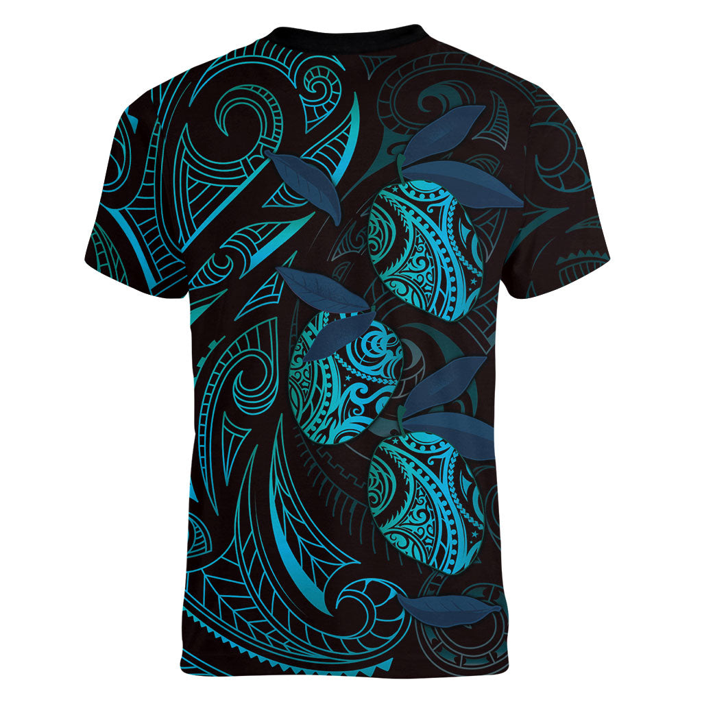 Hawaiian Mango Tribal Tattoo Women V-Neck T-Shirt Teal Pacific Traditional Pattern