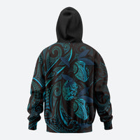 Hawaiian Mango Tribal Tattoo Zip Hoodie Teal Pacific Traditional Pattern