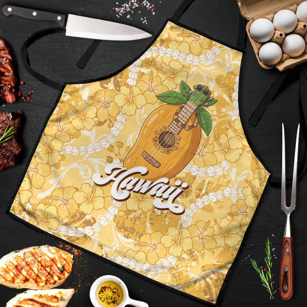 Hawaiian Mango Ukulele Apron Retro Yellow Hibiscus Pikake Lei