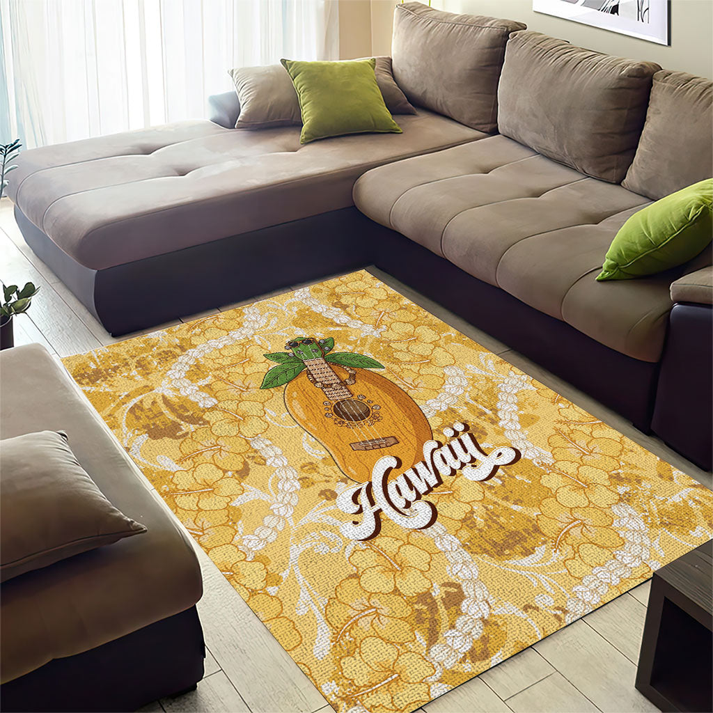 Hawaiian Mango Ukulele Area Rug Retro Yellow Hibiscus Pikake Lei