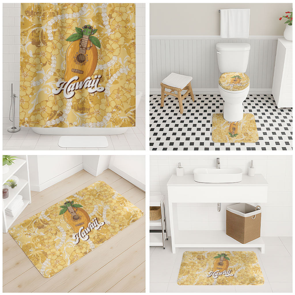 Hawaiian Mango Ukulele Bathroom Set Retro Yellow Hibiscus Pikake Lei