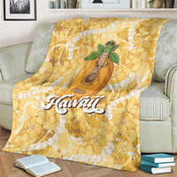 Hawaiian Mango Ukulele Blanket Retro Yellow Hibiscus Pikake Lei