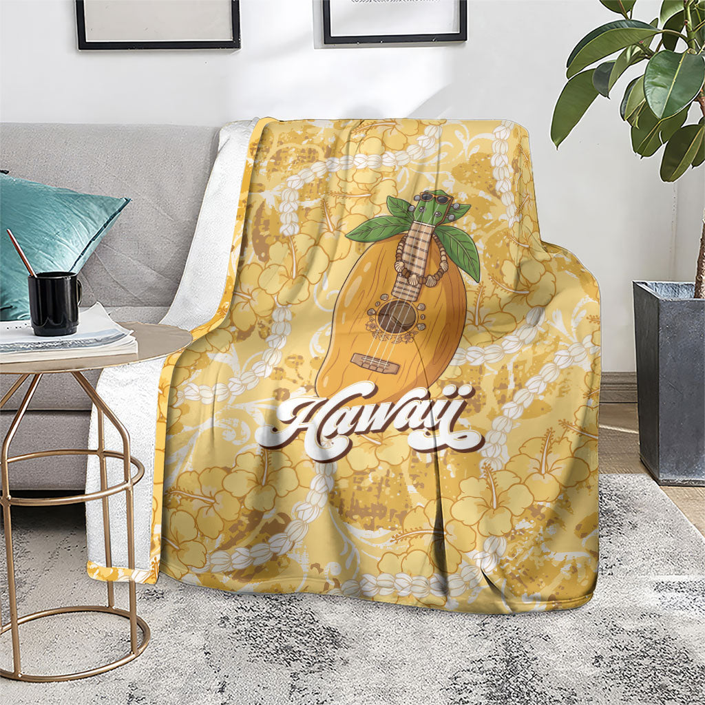 Hawaiian Mango Ukulele Blanket Retro Yellow Hibiscus Pikake Lei