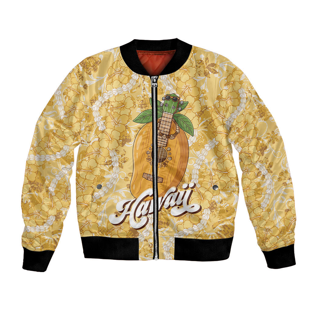 Hawaiian Mango Ukulele Bomber Jacket Retro Yellow Hibiscus Pikake Lei