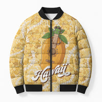 Hawaiian Mango Ukulele Bomber Puffer Jacket Retro Yellow Hibiscus Pikake Lei