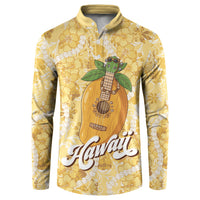 Hawaiian Mango Ukulele Button Sweatshirt Retro Yellow Hibiscus Pikake Lei
