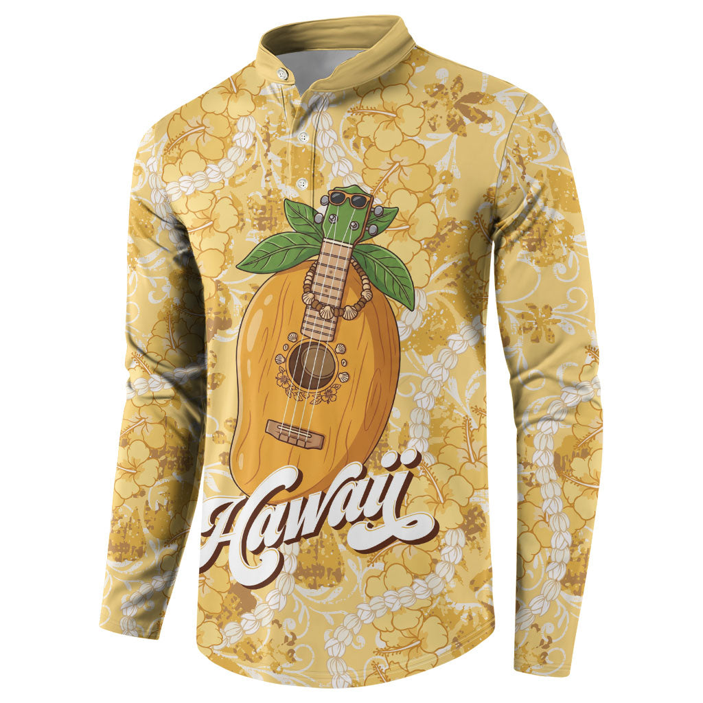 Hawaiian Mango Ukulele Button Sweatshirt Retro Yellow Hibiscus Pikake Lei