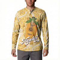 Hawaiian Mango Ukulele Button Sweatshirt Retro Yellow Hibiscus Pikake Lei