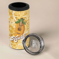 Hawaiian Mango Ukulele 4 in 1 Can Cooler Tumbler Retro Yellow Hibiscus Pikake Lei