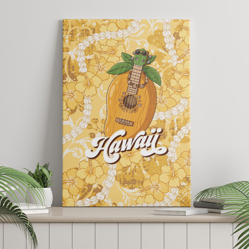 Hawaiian Mango Ukulele Canvas Wall Art Retro Yellow Hibiscus Pikake Lei