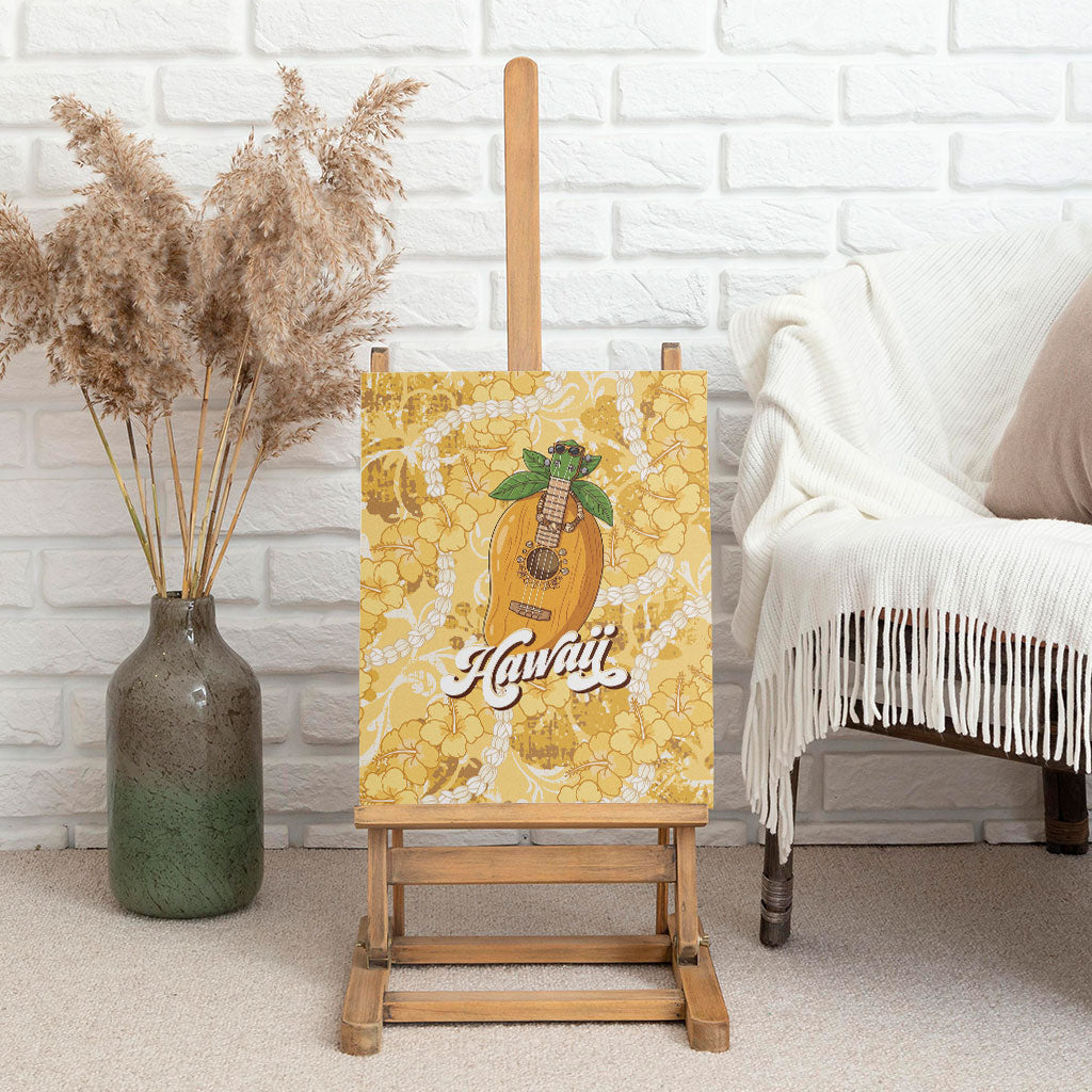Hawaiian Mango Ukulele Canvas Wall Art Retro Yellow Hibiscus Pikake Lei