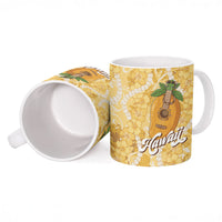 Hawaiian Mango Ukulele Ceramic Mug Retro Yellow Hibiscus Pikake Lei