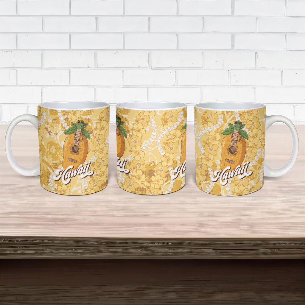 Hawaiian Mango Ukulele Ceramic Mug Retro Yellow Hibiscus Pikake Lei