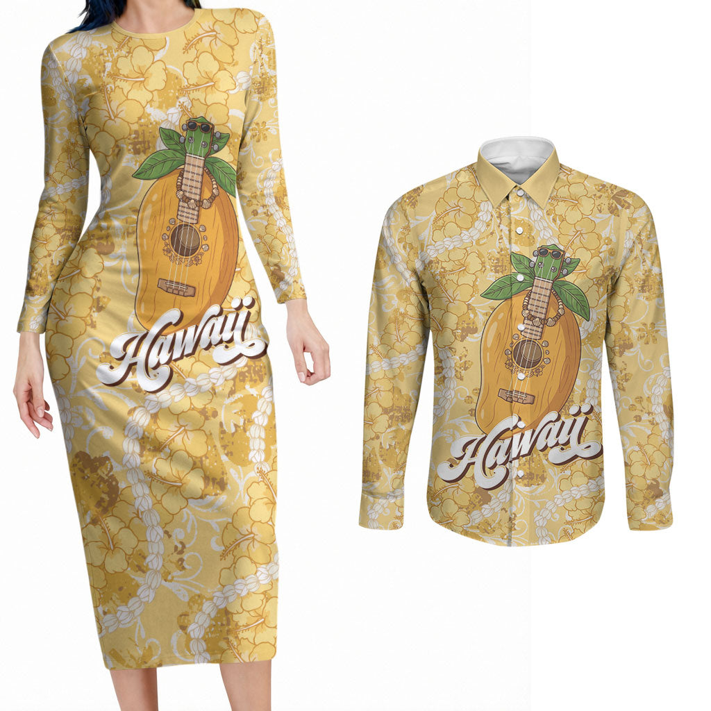 Hawaiian Mango Ukulele Couples Matching Long Sleeve Bodycon Dress and Long Sleeve Button Shirt Retro Yellow Hibiscus Pikake Lei