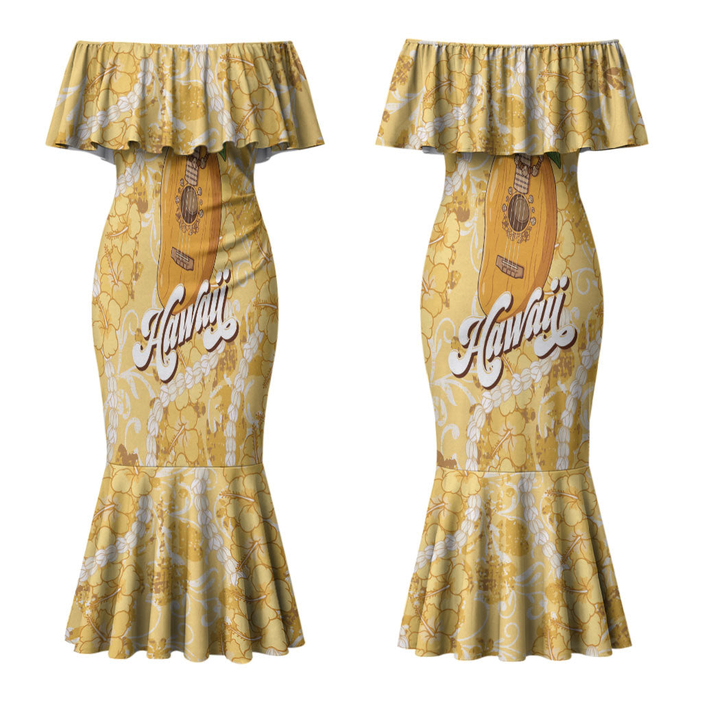 Hawaiian Mango Ukulele Couples Matching Mermaid Dress and Long Sleeve Button Shirt Retro Yellow Hibiscus Pikake Lei
