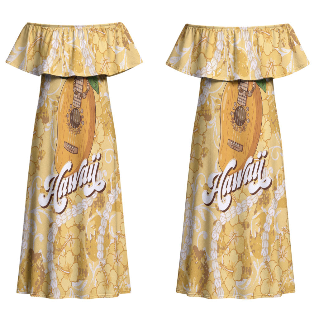 Hawaiian Mango Ukulele Couples Matching Off Shoulder Maxi Dress and Long Sleeve Button Shirt Retro Yellow Hibiscus Pikake Lei