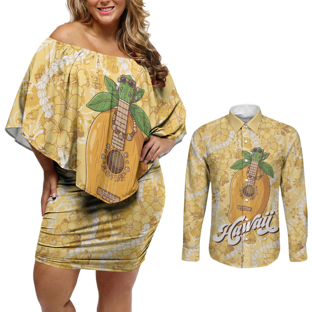 Hawaiian Mango Ukulele Couples Matching Off Shoulder Short Dress and Long Sleeve Button Shirt Retro Yellow Hibiscus Pikake Lei